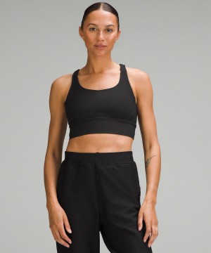 Black Women Lululemon Energy Ribbed Longline Medium Support, B–D Cups Sports Bra | AU_LuLu35997