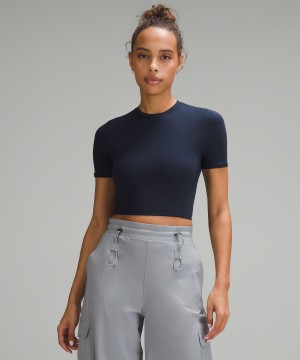 Navy Women Lululemon Wundermost Ultra-Soft Nulu Crewneck Cropped T-Shirt Shirts | AU_LuLu29255