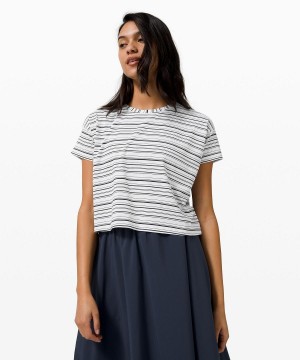 Stripes White Black Women Lululemon Cates Cropped T Shirts | AU_LuLu11995