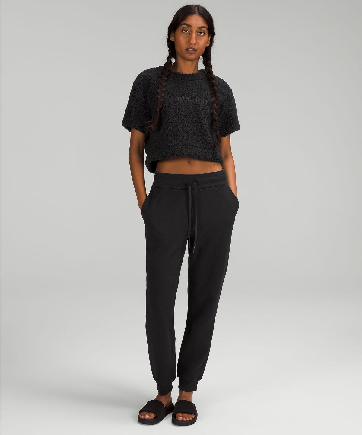 Black Women Lululemon Textured Fleece Embroidered Logo T Shirts | AU_LuLu85256