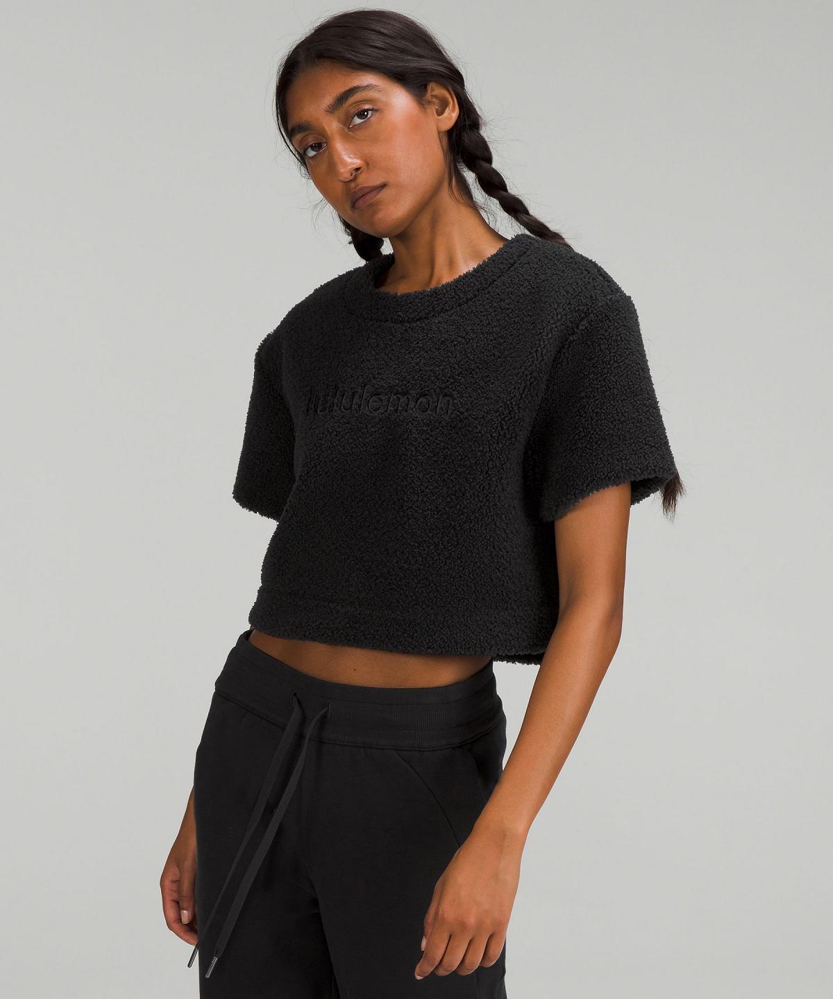 Black Women Lululemon Textured Fleece Embroidered Logo T Shirts | AU_LuLu85256