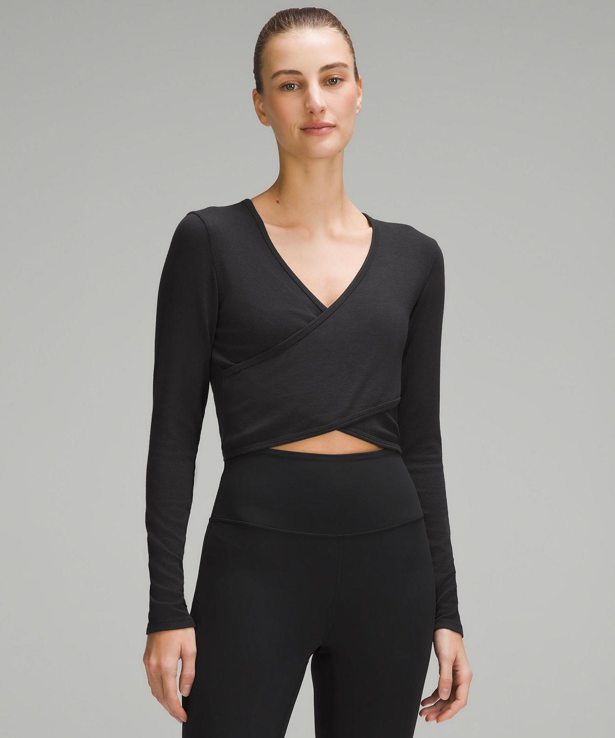 Black Women Lululemon Wrap-Front Ribbed Long-Sleeve Top Long Sleeve Shirts | AU_LuLu83371