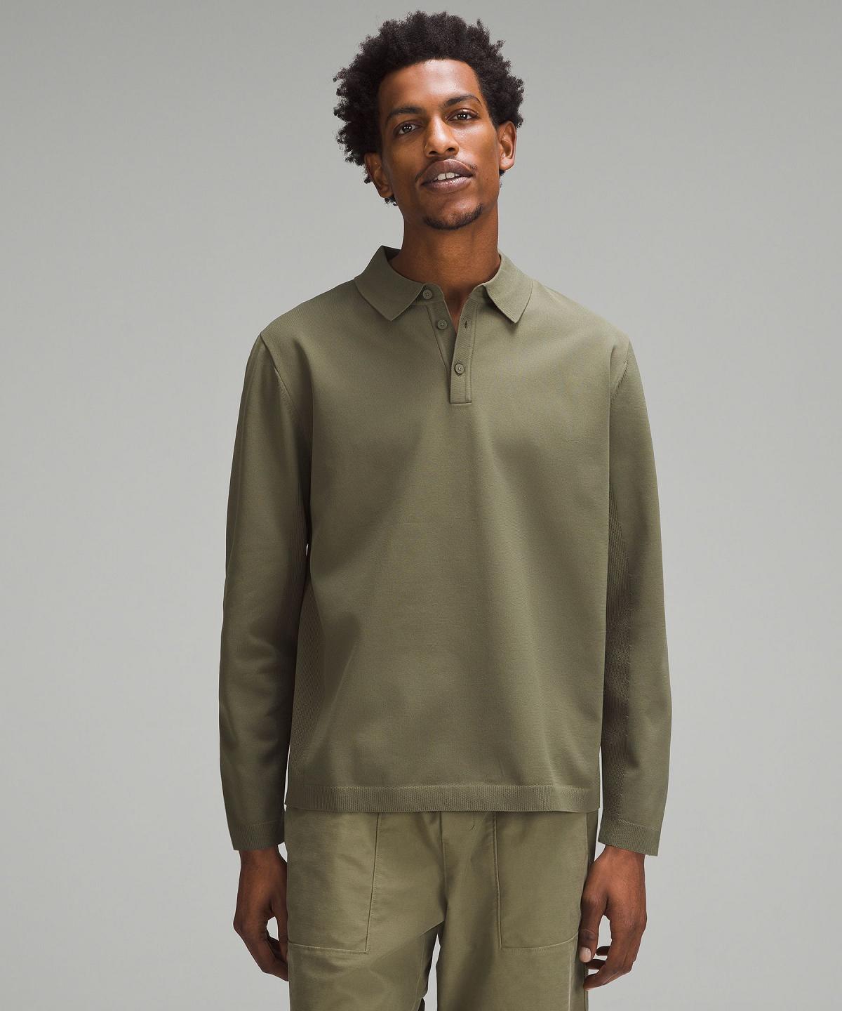 Olive Men Lululemon Lightweight Knit Long-Sleeve Polo Shirt Hoodies & Sweatshirts | AU_LuLu20953